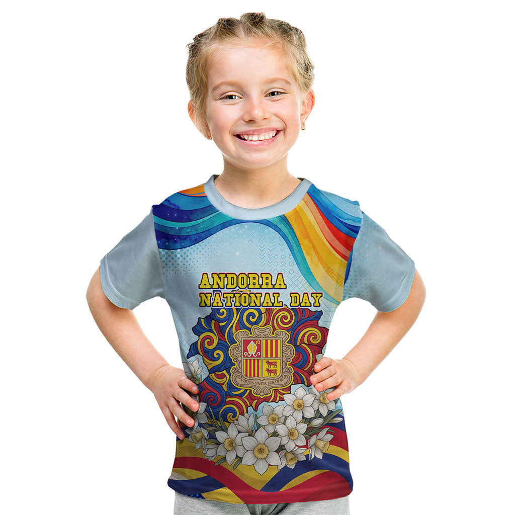 Andorra National Day Kid T Shirt Coat Of Arms Daffodil Flower Cultural Heritage
