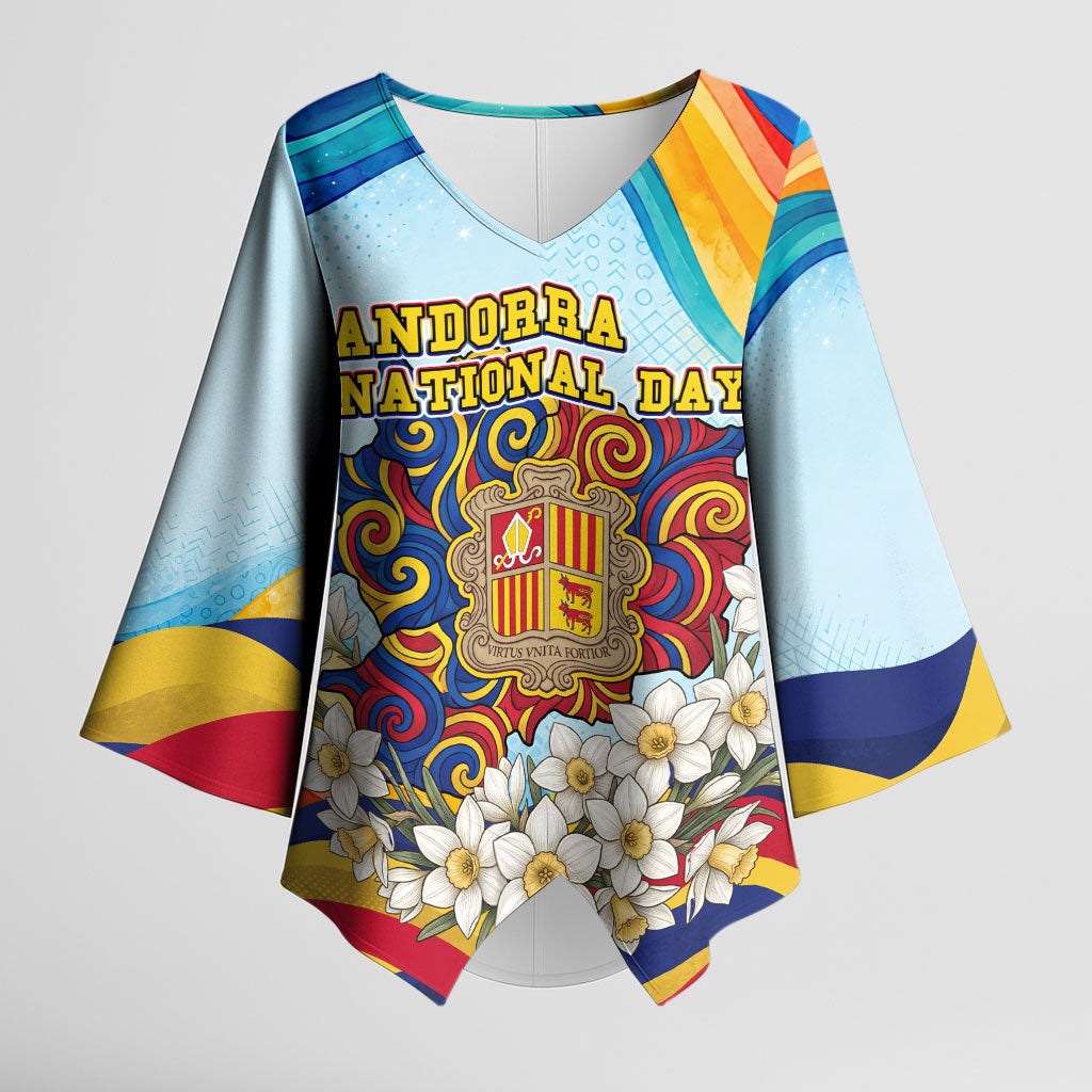 Andorra National Day Kimono Sleeve Blouse Coat Of Arms Daffodil Flower Cultural Heritage