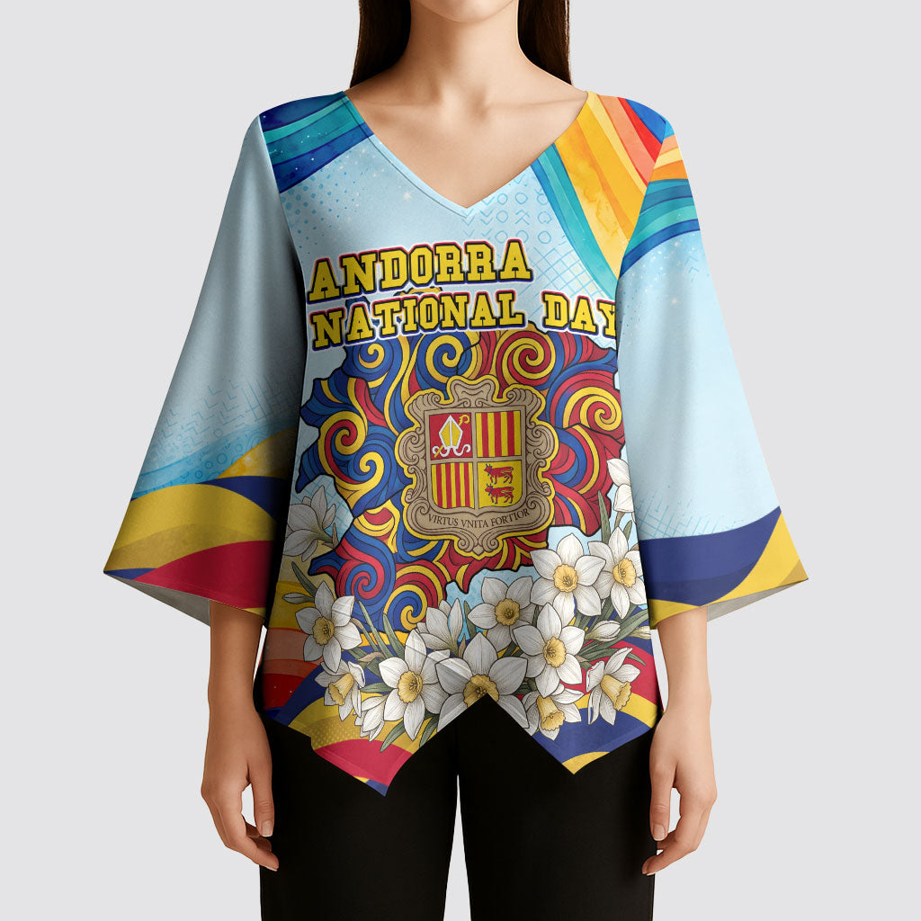 Andorra National Day Kimono Sleeve Blouse Coat Of Arms Daffodil Flower Cultural Heritage