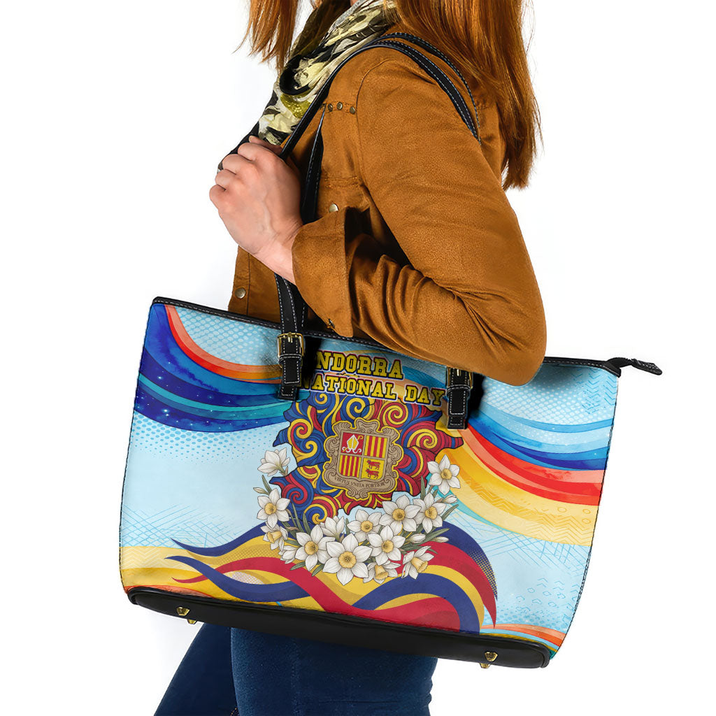 Andorra National Day Leather Tote Bag Coat Of Arms Daffodil Flower Cultural Heritage