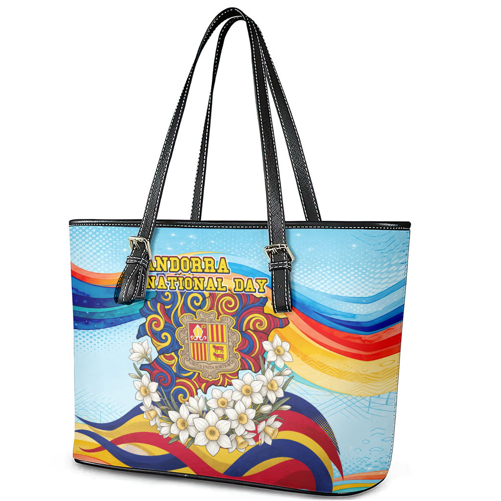 Andorra National Day Leather Tote Bag Coat Of Arms Daffodil Flower Cultural Heritage