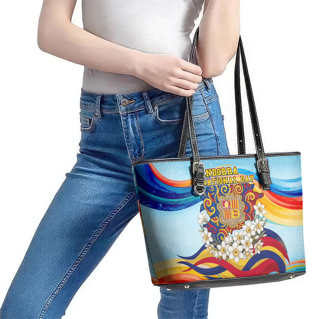 Andorra National Day Leather Tote Bag Coat Of Arms Daffodil Flower Cultural Heritage