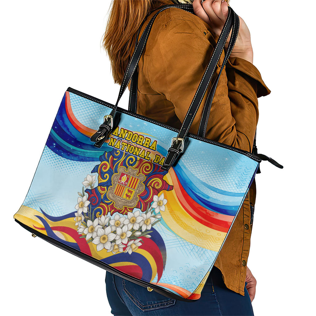 Andorra National Day Leather Tote Bag Coat Of Arms Daffodil Flower Cultural Heritage