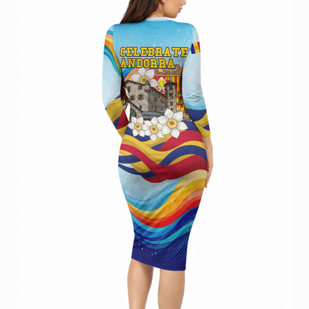 Andorra National Day Long Sleeve Bodycon Dress Coat Of Arms Daffodil Flower Cultural Heritage