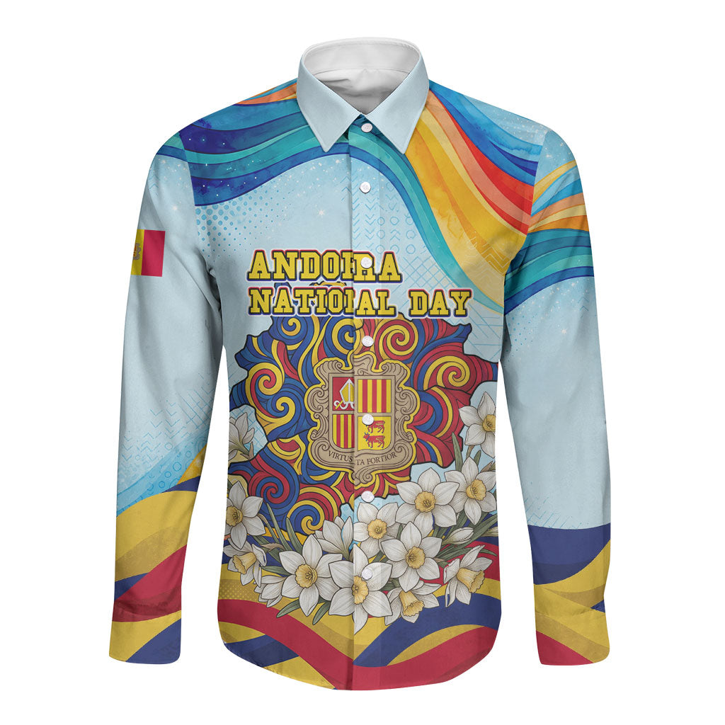 Andorra National Day Long Sleeve Button Shirt Coat Of Arms Daffodil Flower Cultural Heritage