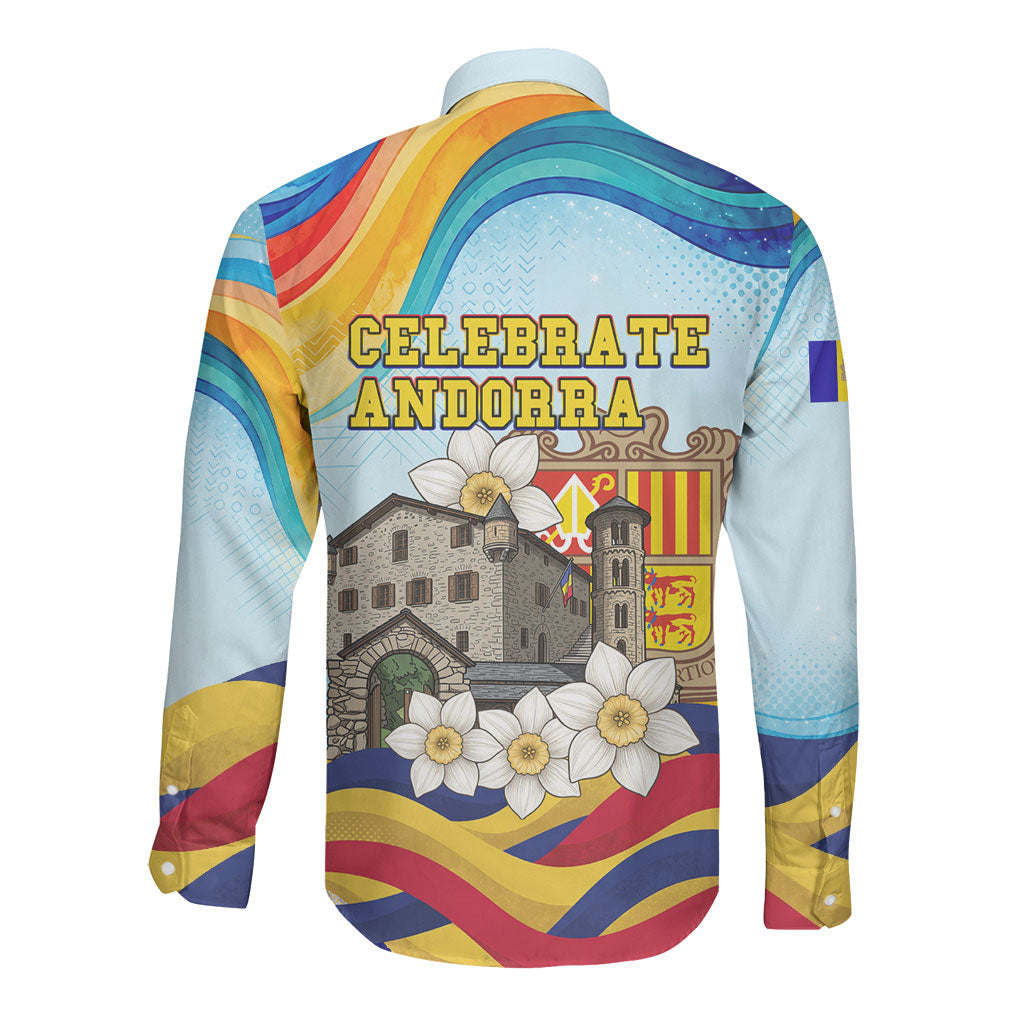 Andorra National Day Long Sleeve Button Shirt Coat Of Arms Daffodil Flower Cultural Heritage