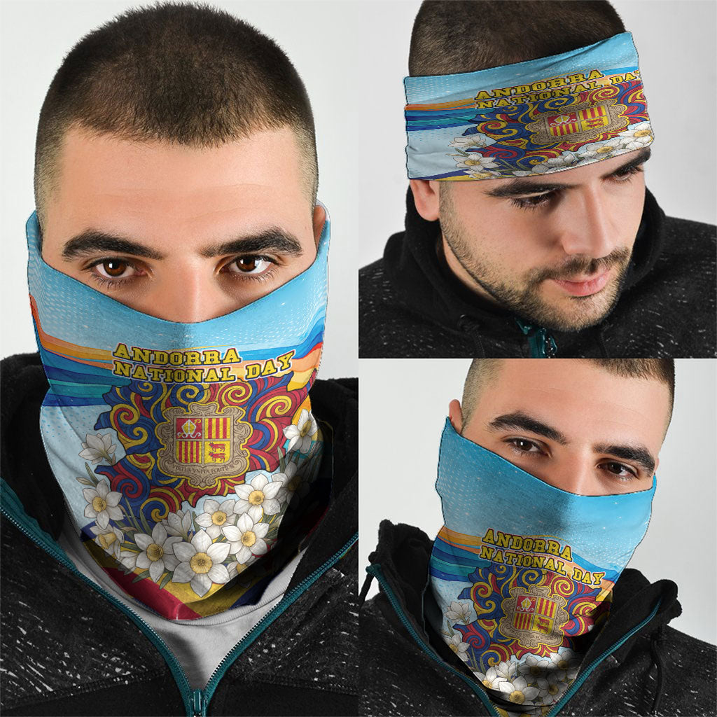 Andorra National Day Neck Gaiter Coat Of Arms Daffodil Flower Cultural Heritage