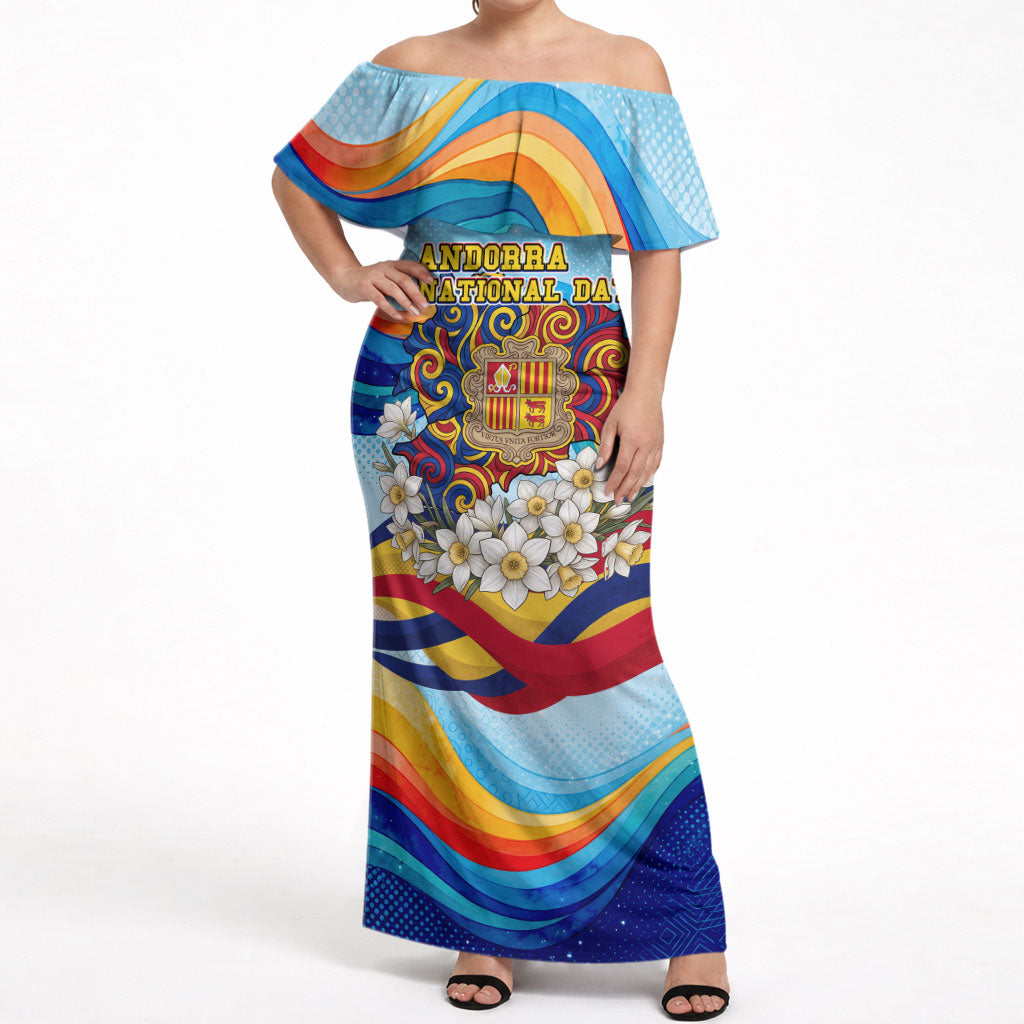 Andorra National Day Off Shoulder Maxi Dress Coat Of Arms Daffodil Flower Cultural Heritage