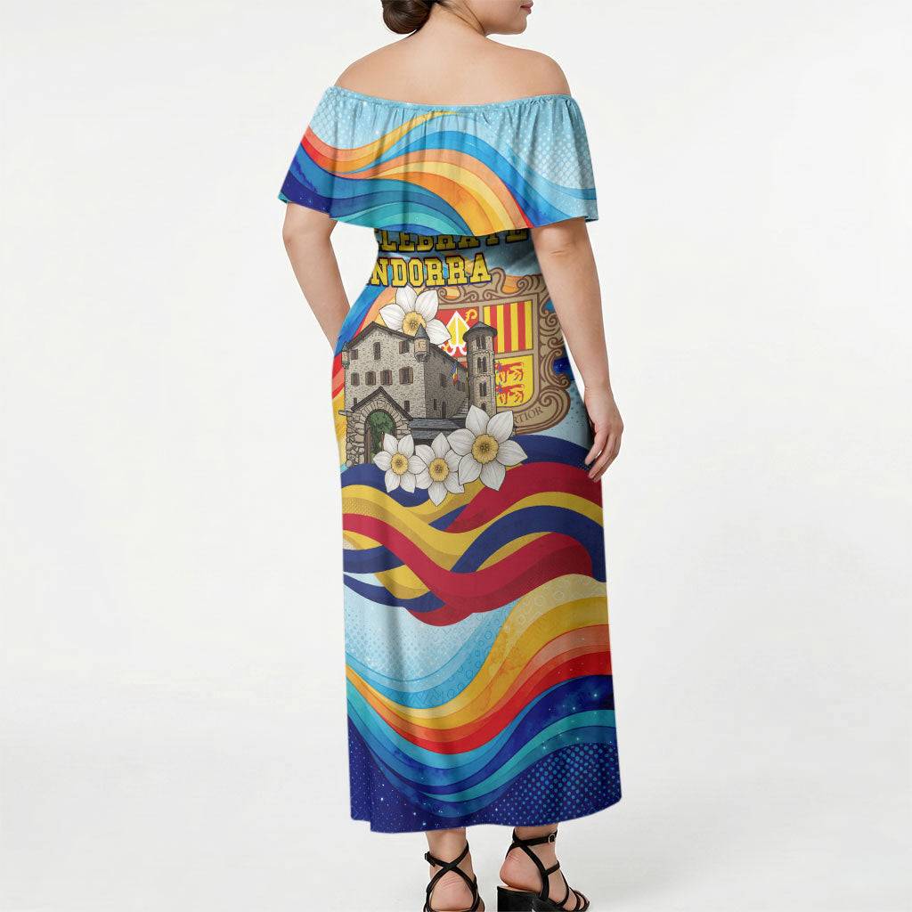 Andorra National Day Off Shoulder Maxi Dress Coat Of Arms Daffodil Flower Cultural Heritage