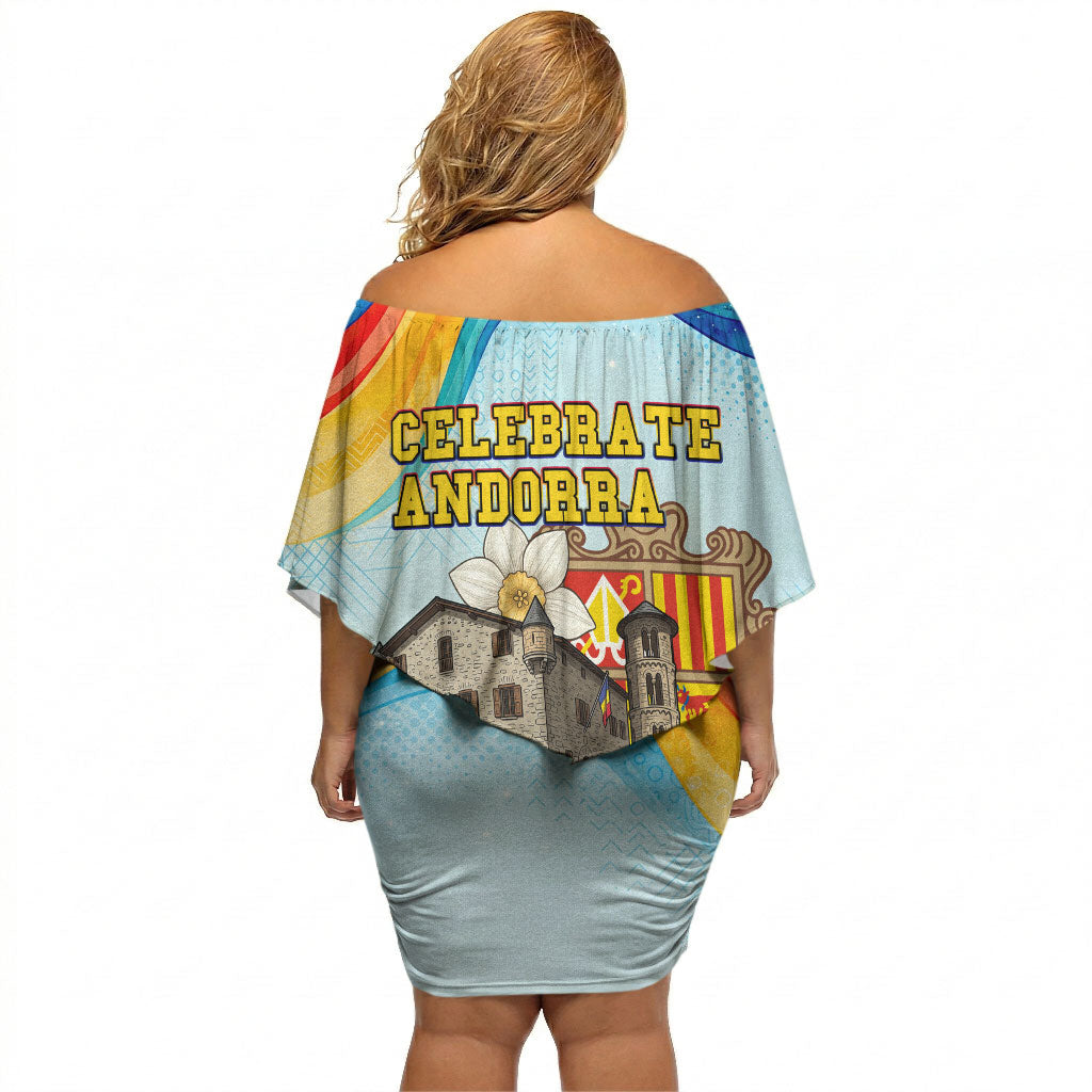 Andorra National Day Off Shoulder Short Dress Coat Of Arms Daffodil Flower Cultural Heritage