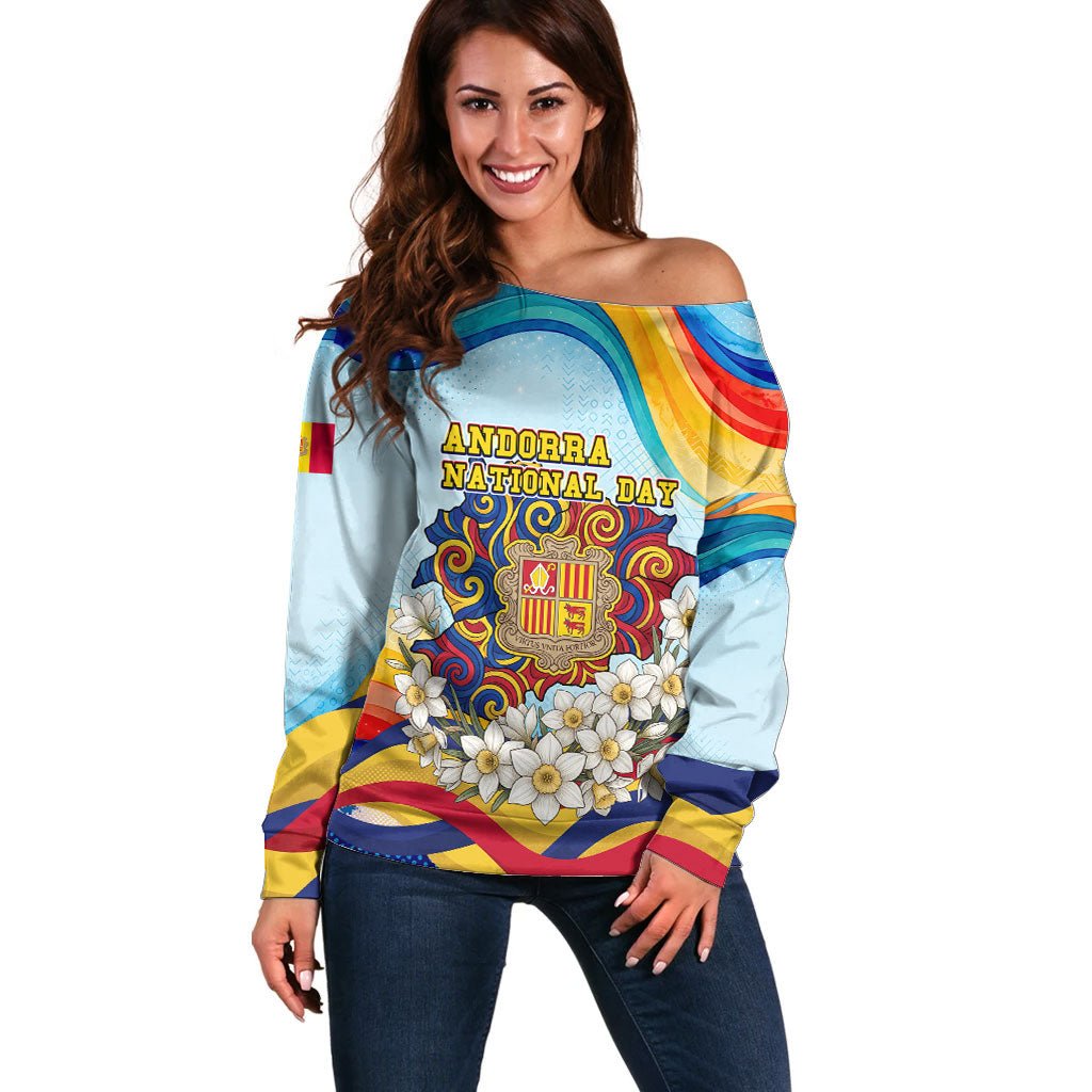 Andorra National Day Off Shoulder Sweater Coat Of Arms Daffodil Flower Cultural Heritage