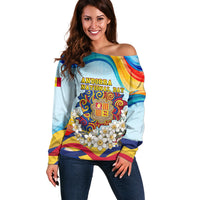 Andorra National Day Off Shoulder Sweater Coat Of Arms Daffodil Flower Cultural Heritage