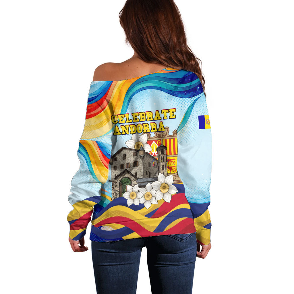 Andorra National Day Off Shoulder Sweater Coat Of Arms Daffodil Flower Cultural Heritage