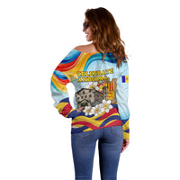 Andorra National Day Off Shoulder Sweater Coat Of Arms Daffodil Flower Cultural Heritage