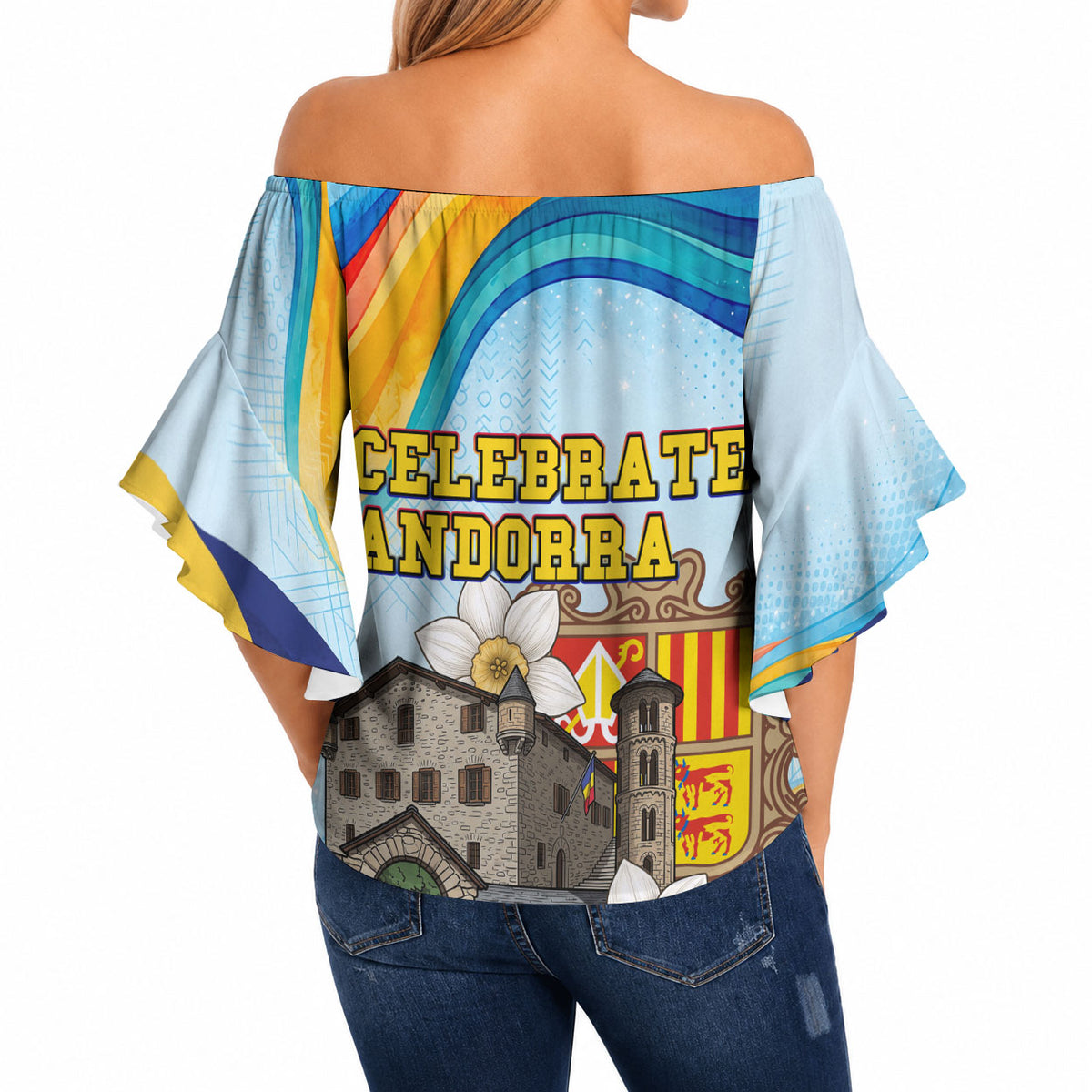 Andorra National Day Off Shoulder Wrap Waist Top Coat Of Arms Daffodil Flower Cultural Heritage
