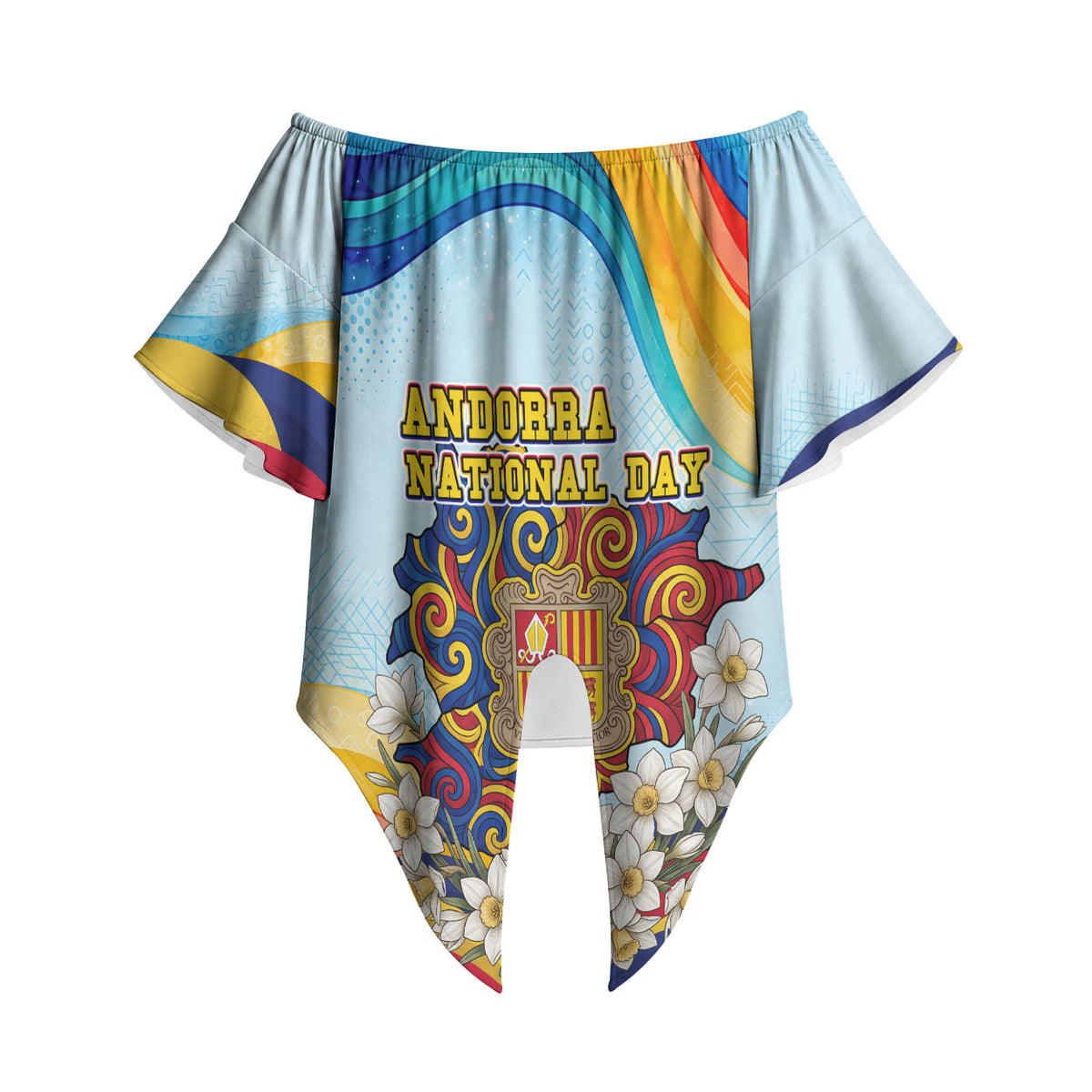 Andorra National Day Off Shoulder Wrap Waist Top Coat Of Arms Daffodil Flower Cultural Heritage