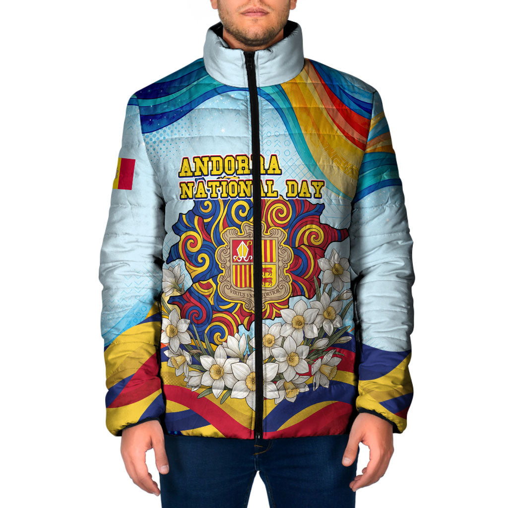 Andorra National Day Padded Jacket Coat Of Arms Daffodil Flower Cultural Heritage