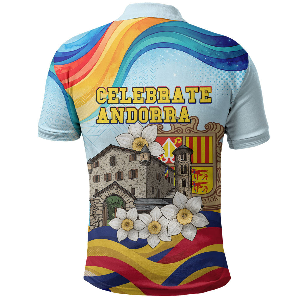 Andorra National Day Polo Shirt Coat Of Arms Daffodil Flower Cultural Heritage