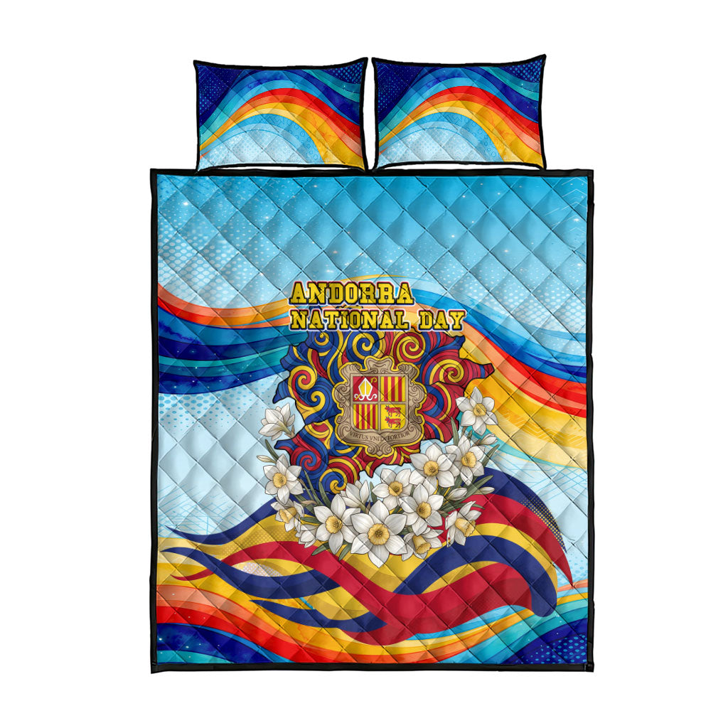 Andorra National Day Quilt Bed Set Coat Of Arms Daffodil Flower Cultural Heritage