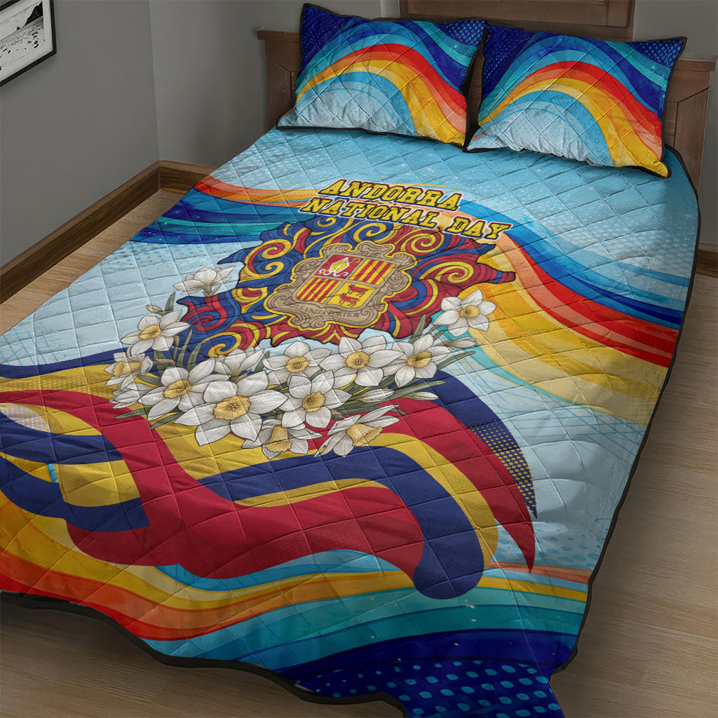Andorra National Day Quilt Bed Set Coat Of Arms Daffodil Flower Cultural Heritage