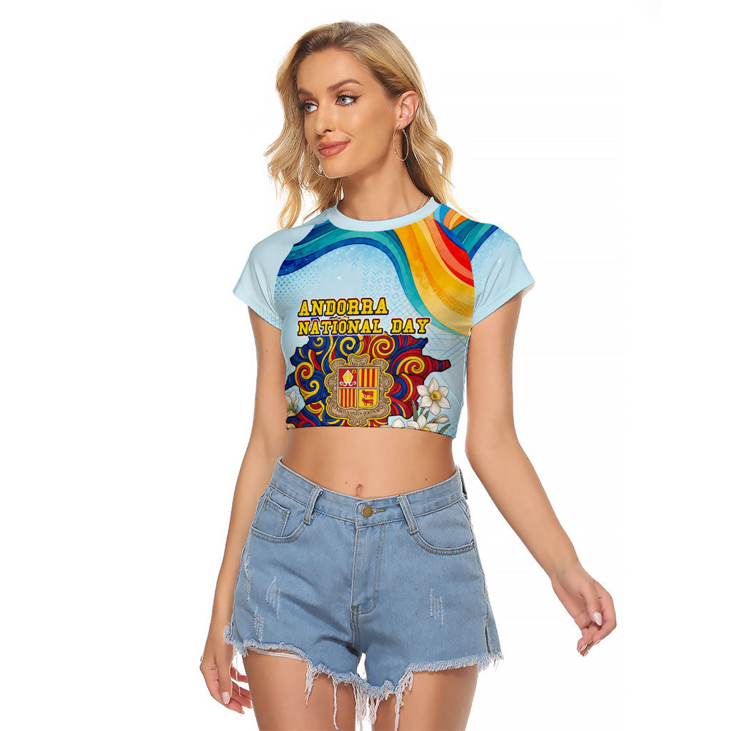 Andorra National Day Raglan Cropped T Shirt Coat Of Arms Daffodil Flower Cultural Heritage
