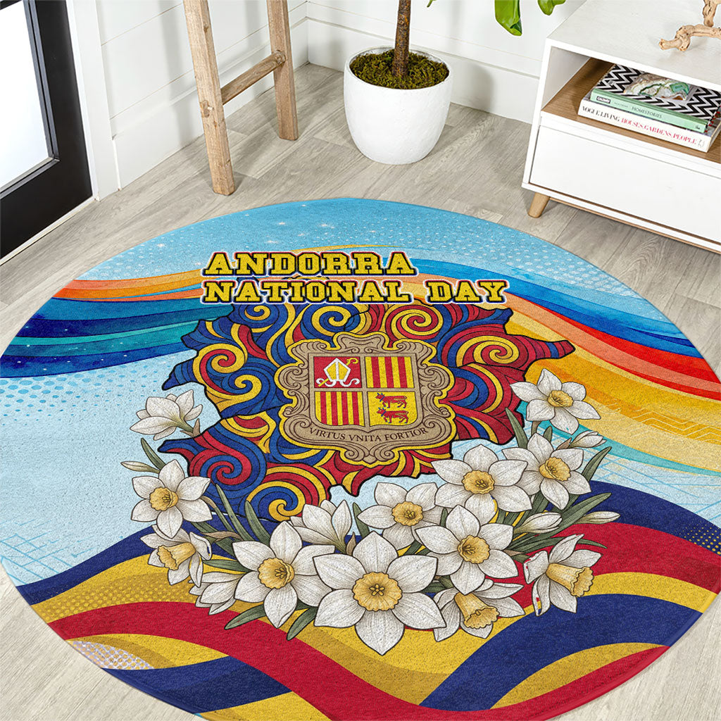 Andorra National Day Round Carpet Coat Of Arms Daffodil Flower Cultural Heritage