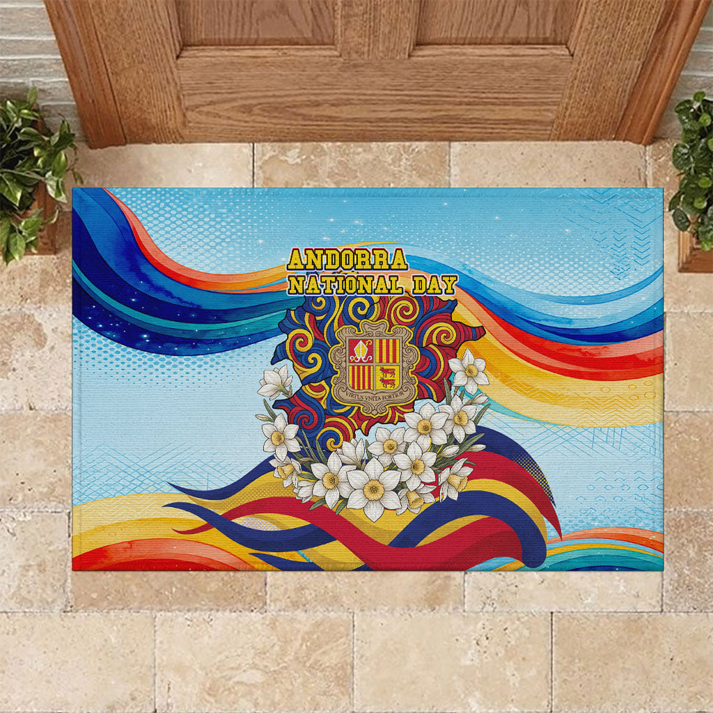 Andorra National Day Rubber Doormat Coat Of Arms Daffodil Flower Cultural Heritage
