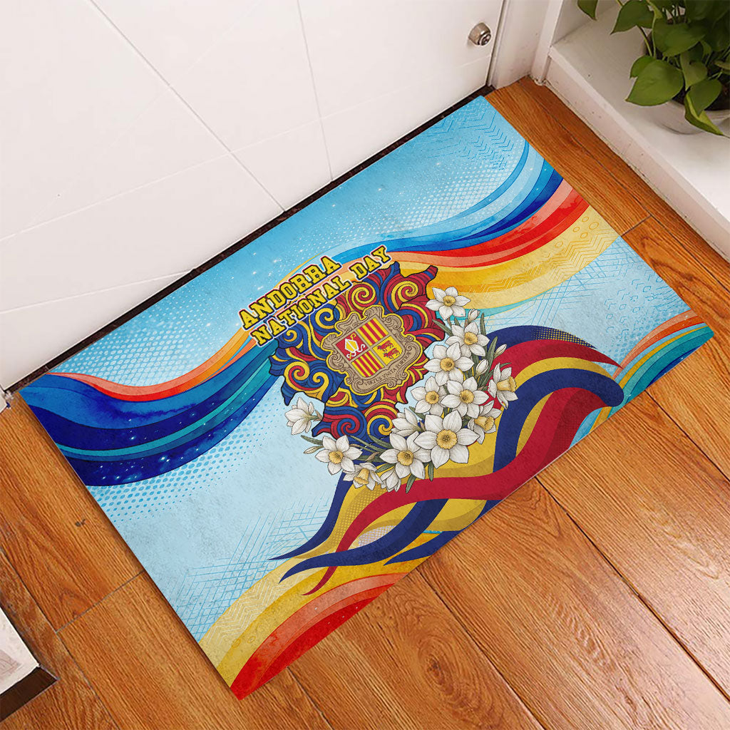 Andorra National Day Rubber Doormat Coat Of Arms Daffodil Flower Cultural Heritage