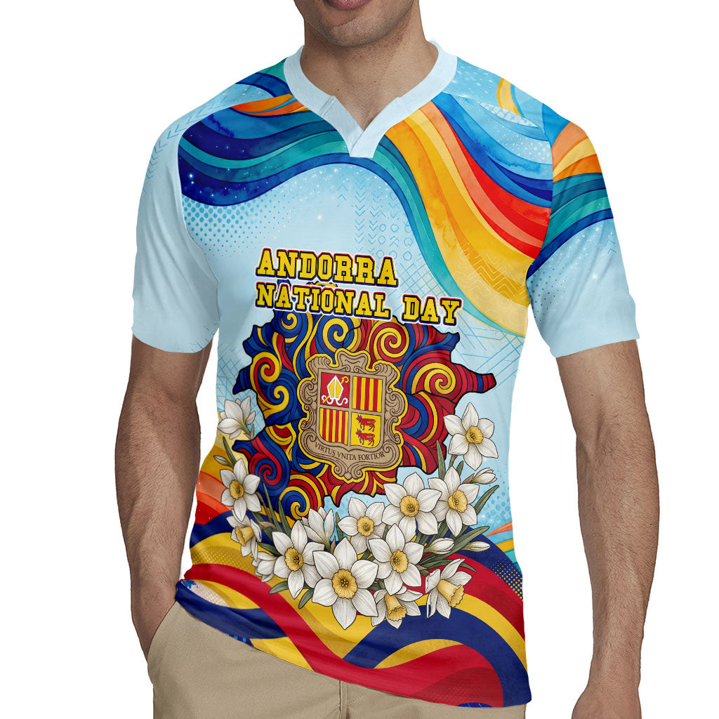 Andorra National Day Rugby Jersey Coat Of Arms Daffodil Flower Cultural Heritage