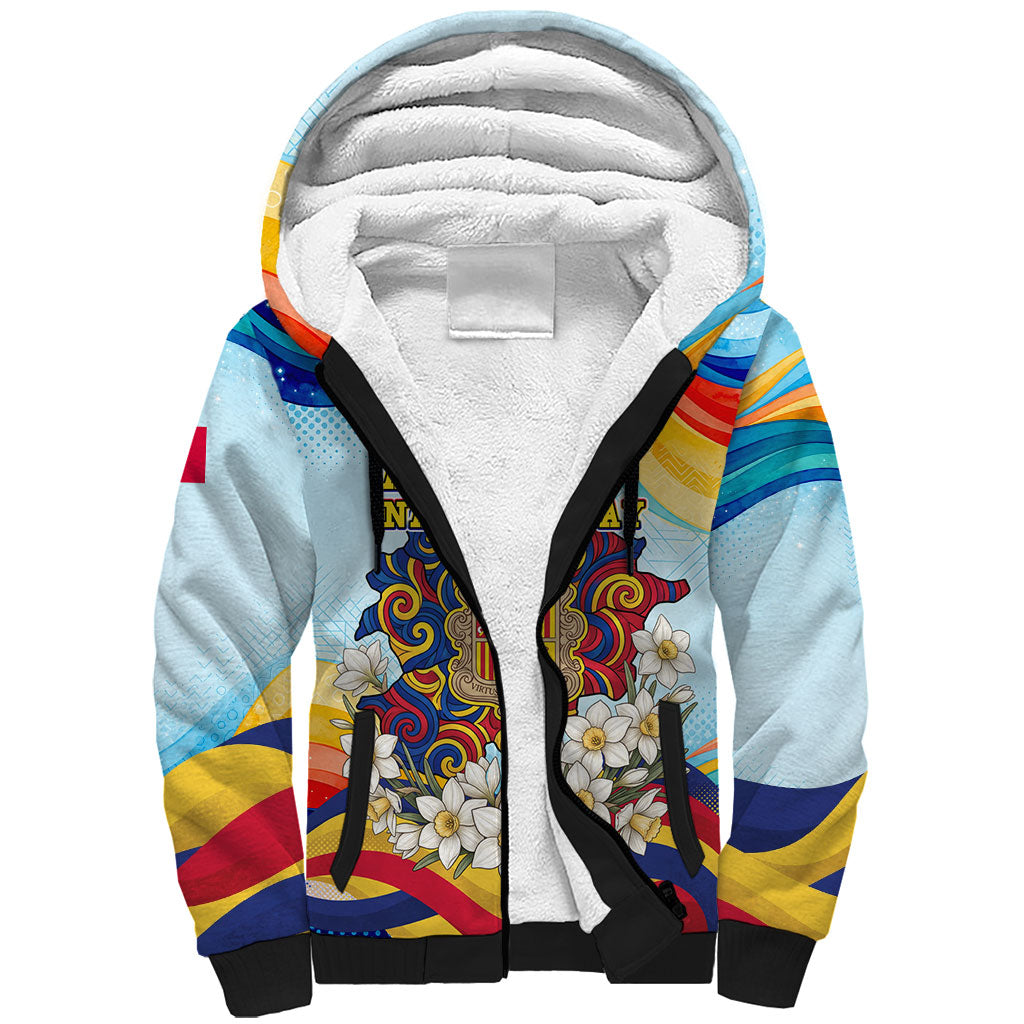 Andorra National Day Sherpa Hoodie Coat Of Arms Daffodil Flower Cultural Heritage