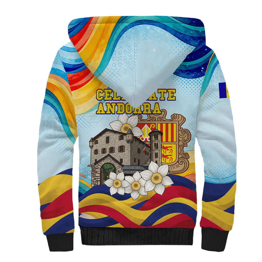 Andorra National Day Sherpa Hoodie Coat Of Arms Daffodil Flower Cultural Heritage