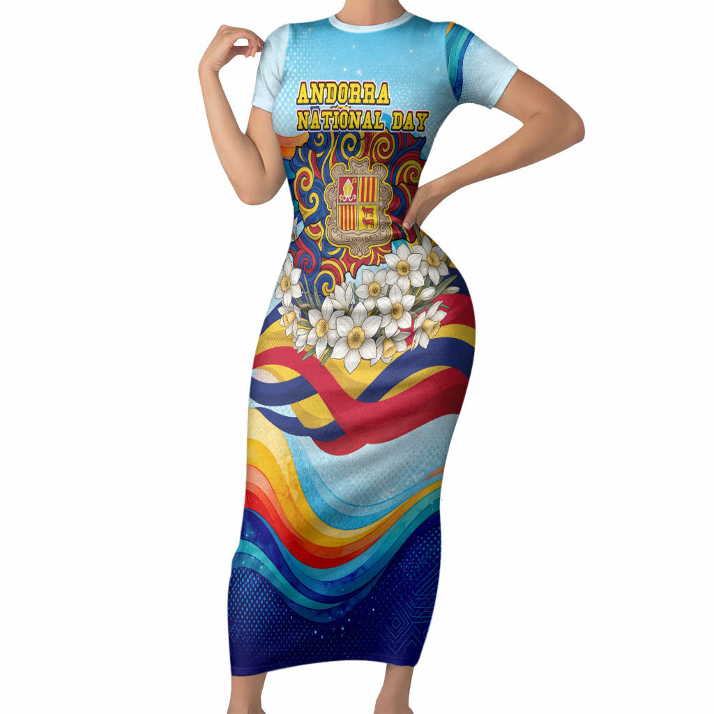 Andorra National Day Short Sleeve Bodycon Dress Coat Of Arms Daffodil Flower Cultural Heritage