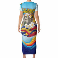 Andorra National Day Short Sleeve Bodycon Dress Coat Of Arms Daffodil Flower Cultural Heritage