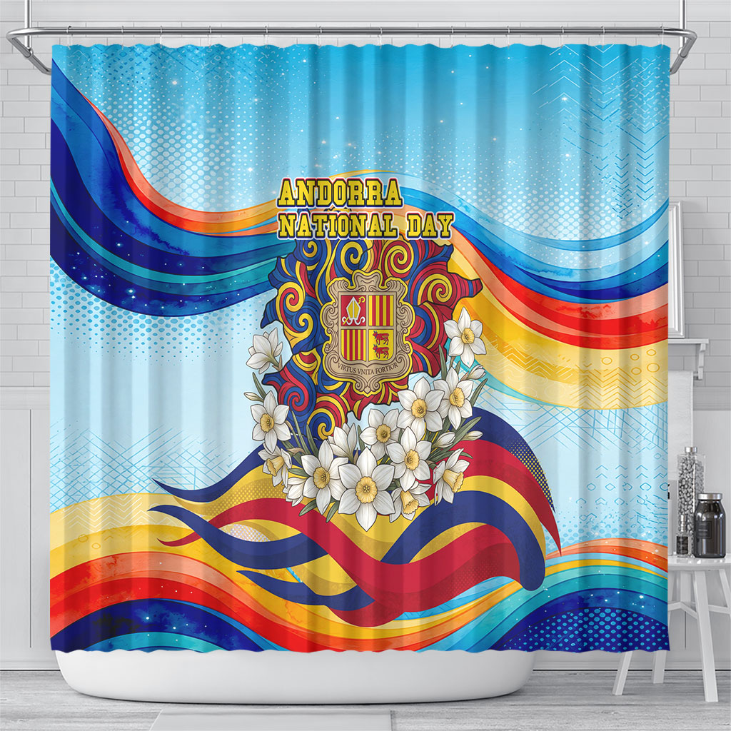 Andorra National Day Shower Curtain Coat Of Arms Daffodil Flower Cultural Heritage