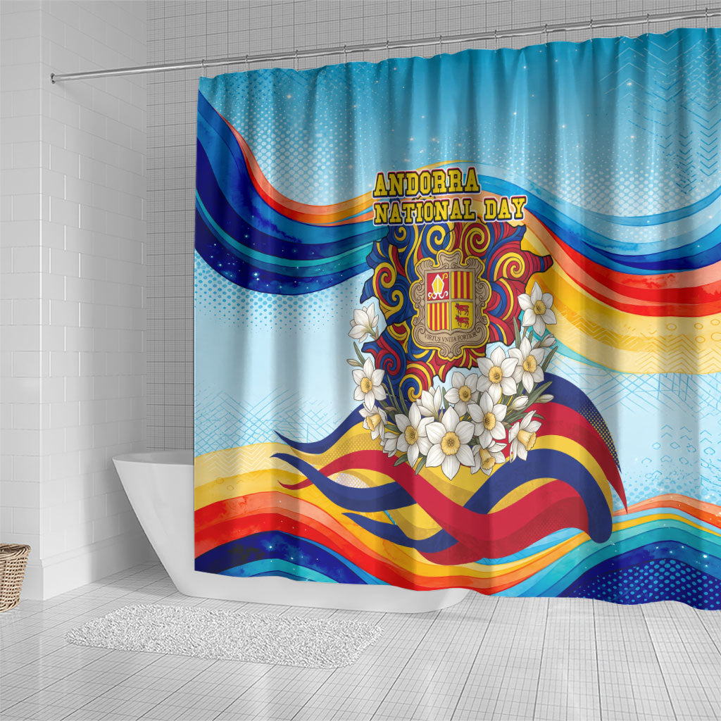 Andorra National Day Shower Curtain Coat Of Arms Daffodil Flower Cultural Heritage