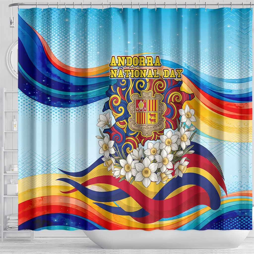 Andorra National Day Shower Curtain Coat Of Arms Daffodil Flower Cultural Heritage