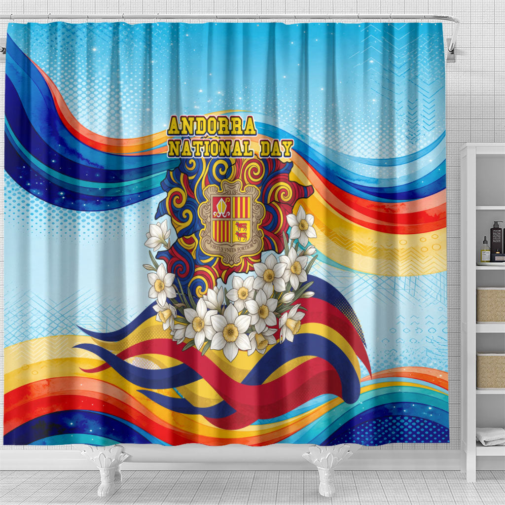 Andorra National Day Shower Curtain Coat Of Arms Daffodil Flower Cultural Heritage