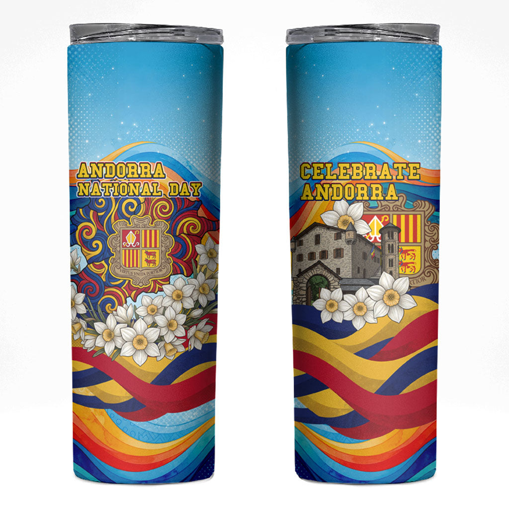 Andorra National Day Skinny Tumbler Coat Of Arms Daffodil Flower Cultural Heritage