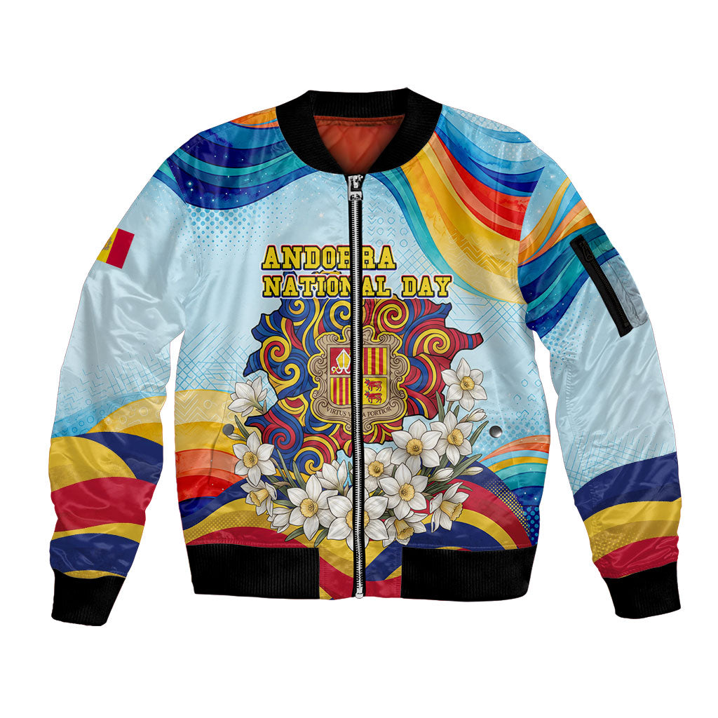 Andorra National Day Sleeve Zip Bomber Jacket Coat Of Arms Daffodil Flower Cultural Heritage