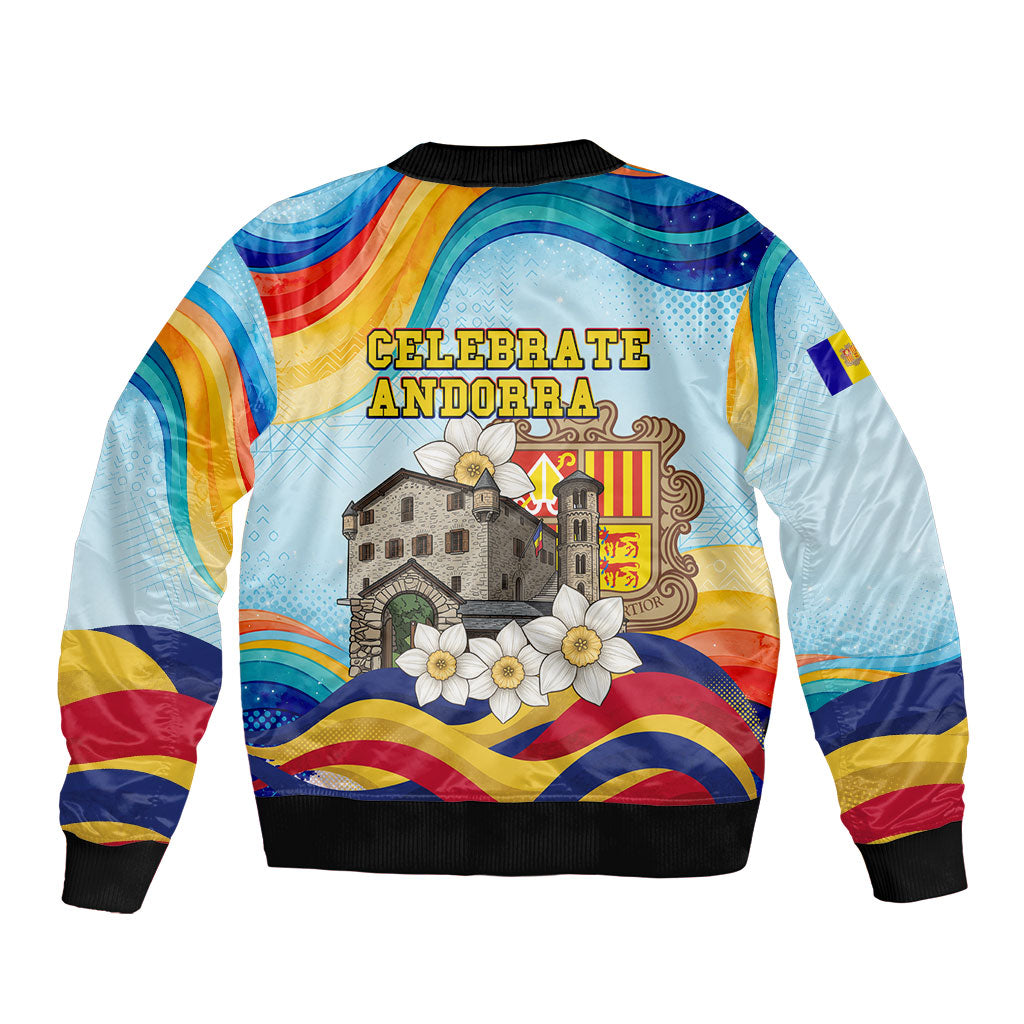 Andorra National Day Sleeve Zip Bomber Jacket Coat Of Arms Daffodil Flower Cultural Heritage