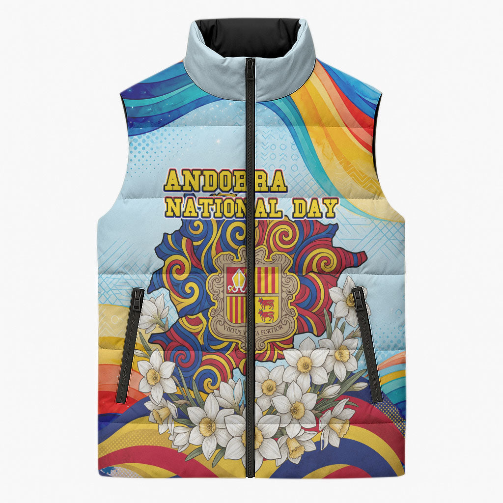 Andorra National Day Sleeveless Puffer Jacket Coat Of Arms Daffodil Flower Cultural Heritage