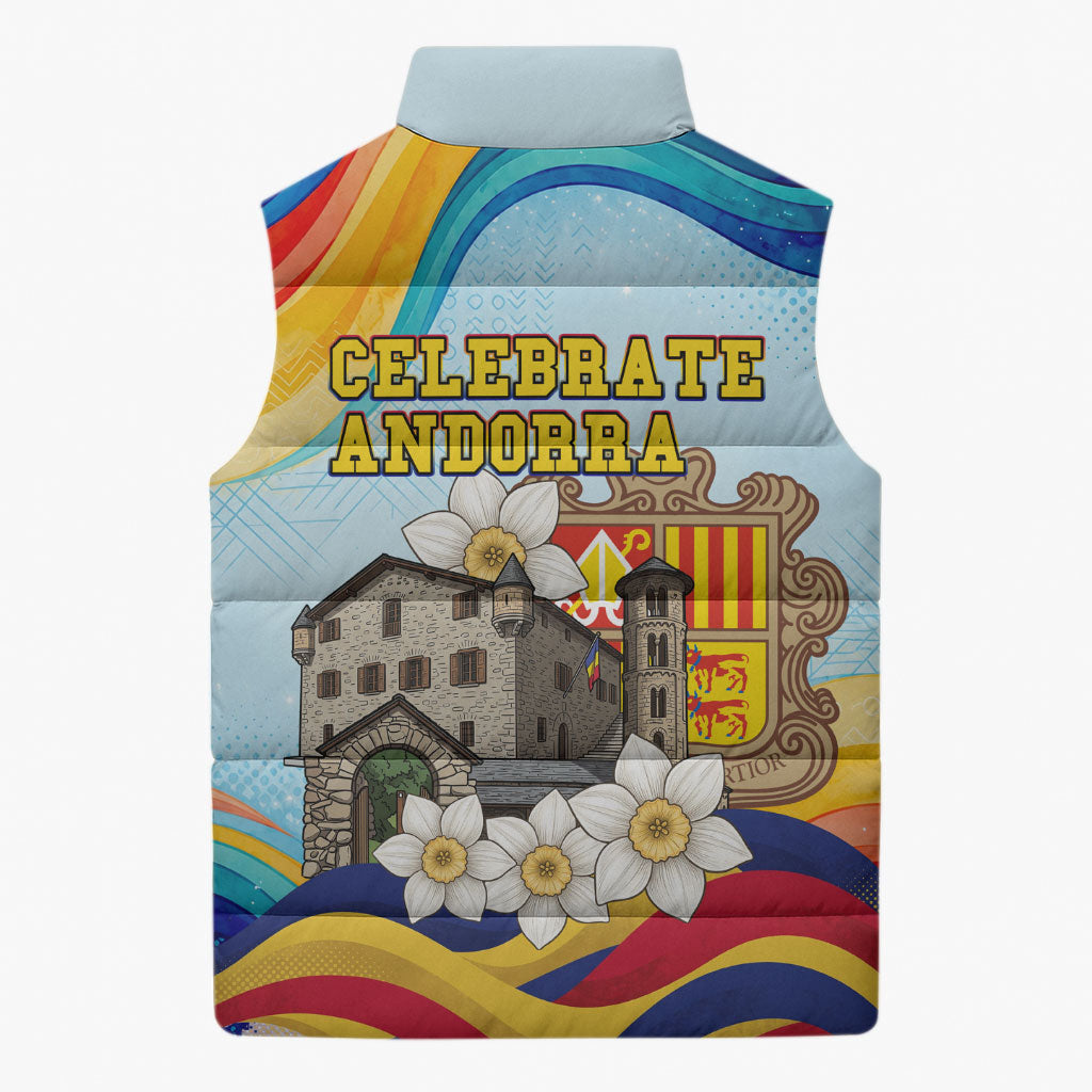 Andorra National Day Sleeveless Puffer Jacket Coat Of Arms Daffodil Flower Cultural Heritage