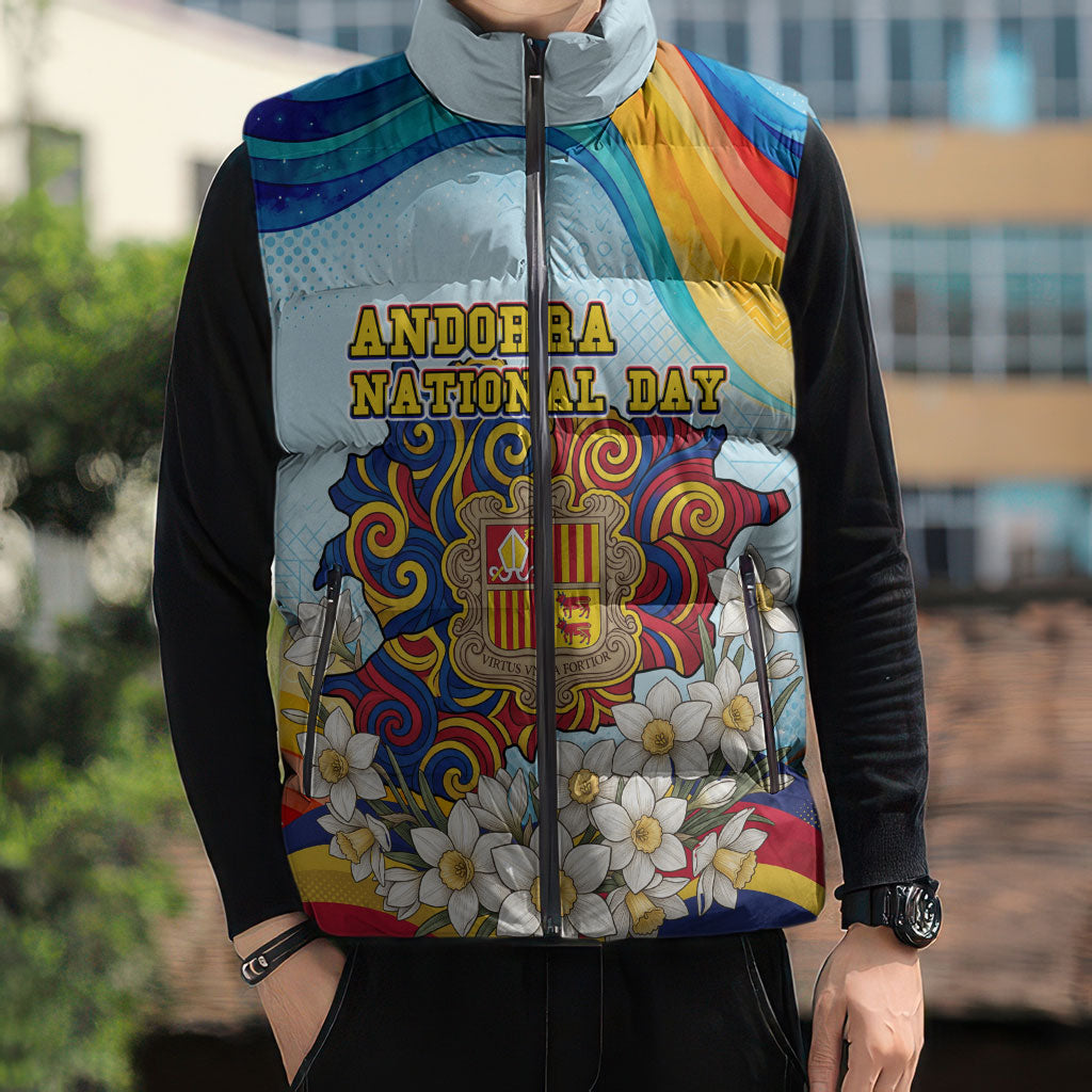 Andorra National Day Sleeveless Puffer Jacket Coat Of Arms Daffodil Flower Cultural Heritage