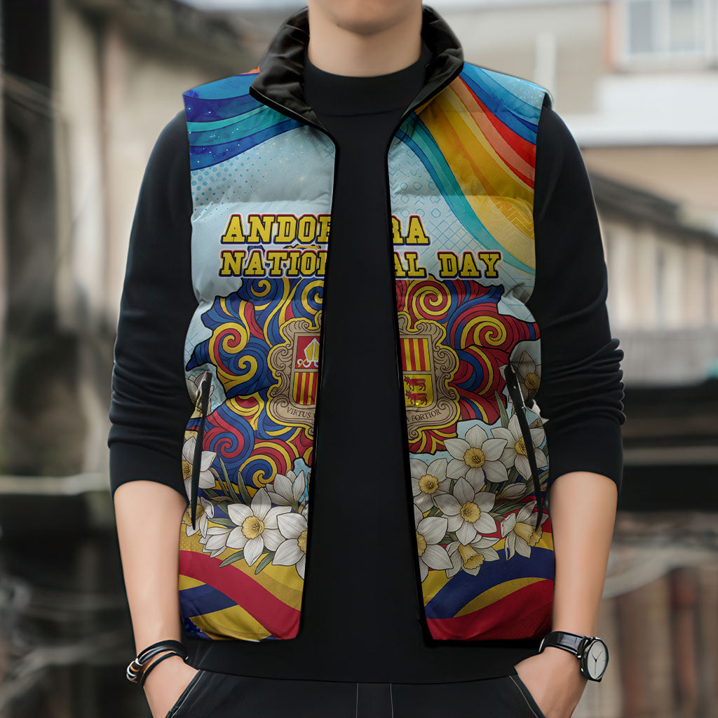 Andorra National Day Sleeveless Puffer Jacket Coat Of Arms Daffodil Flower Cultural Heritage