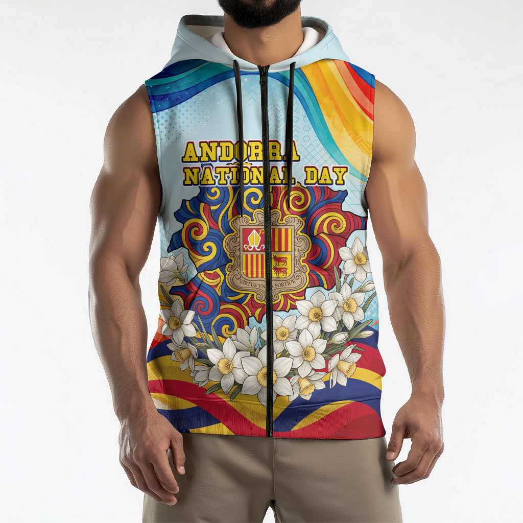 Andorra National Day Sleeveless Zip Hoodie Coat Of Arms Daffodil Flower Cultural Heritage