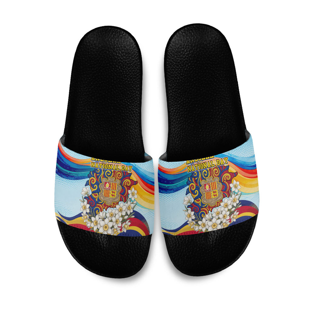 Andorra National Day Slide Sandals Coat Of Arms Daffodil Flower Cultural Heritage