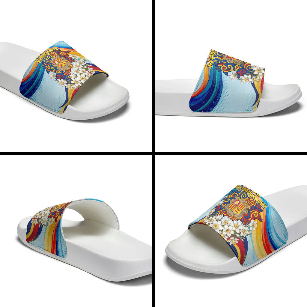 Andorra National Day Slide Sandals Coat Of Arms Daffodil Flower Cultural Heritage
