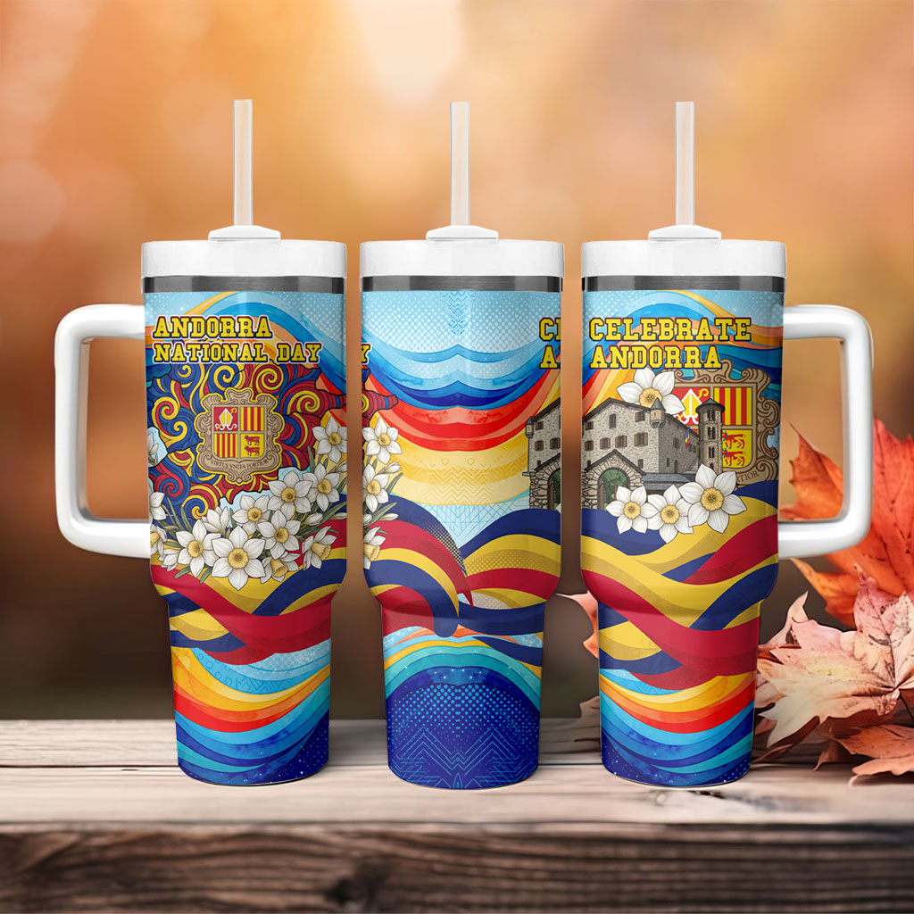 Andorra National Day Tumbler With Handle Coat Of Arms Daffodil Flower Cultural Heritage