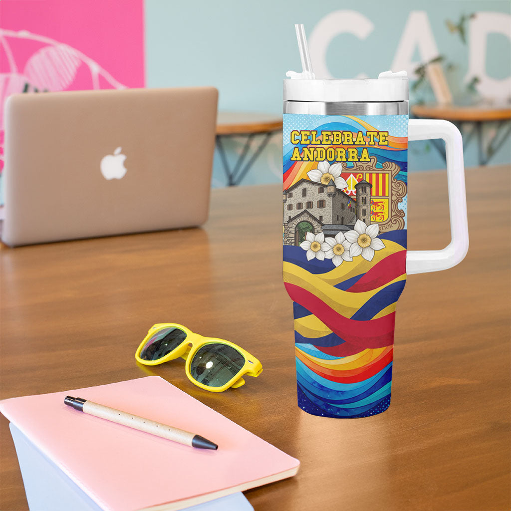 Andorra National Day Tumbler With Handle Coat Of Arms Daffodil Flower Cultural Heritage