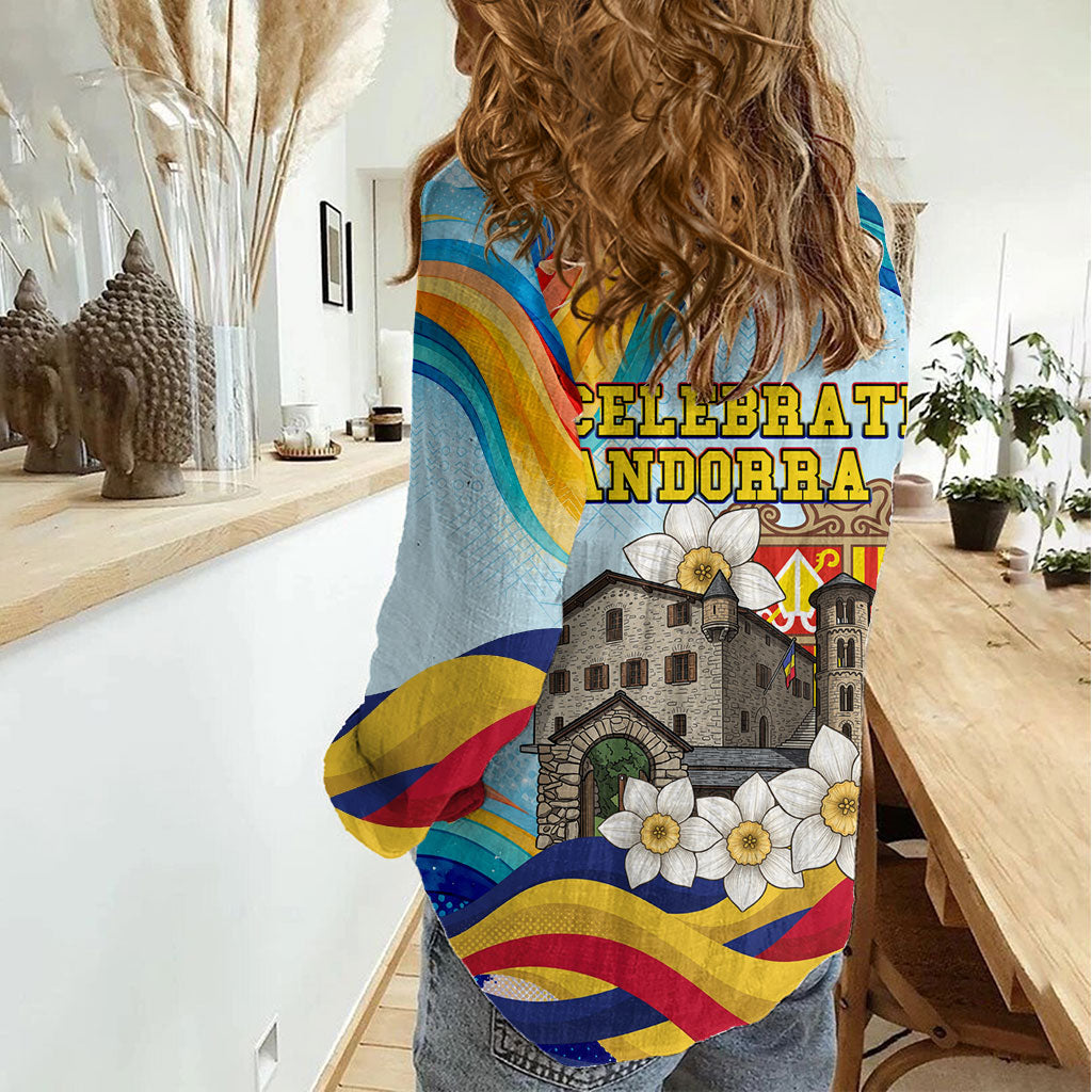 Andorra National Day Women Casual Shirt Coat Of Arms Daffodil Flower Cultural Heritage